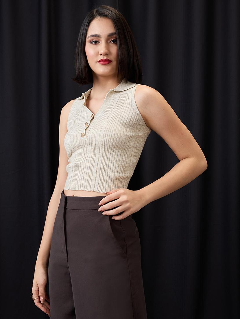 globus women beige collared halter neck gold button detail flat knit ribbed crop top - 21955876 - Standard Image - 1