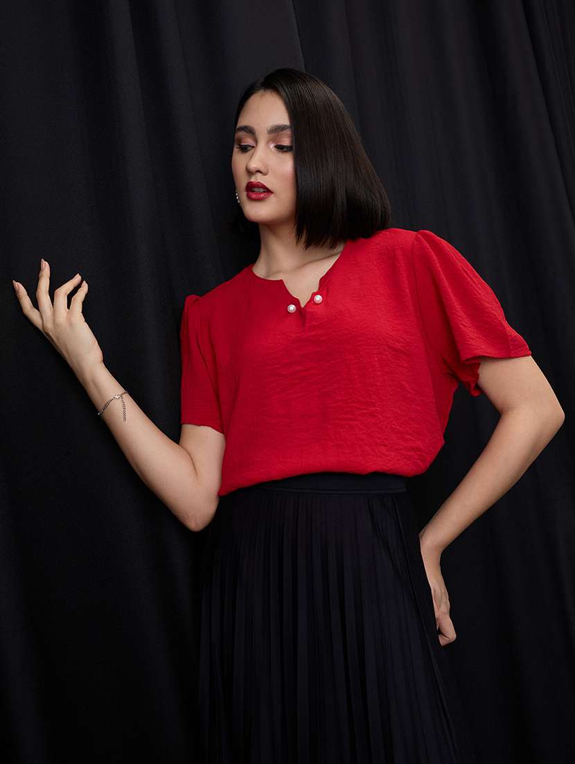 globus women red notch neck puff sleeves solid pearl detail top - 21955877 -  Zoom Image - 0