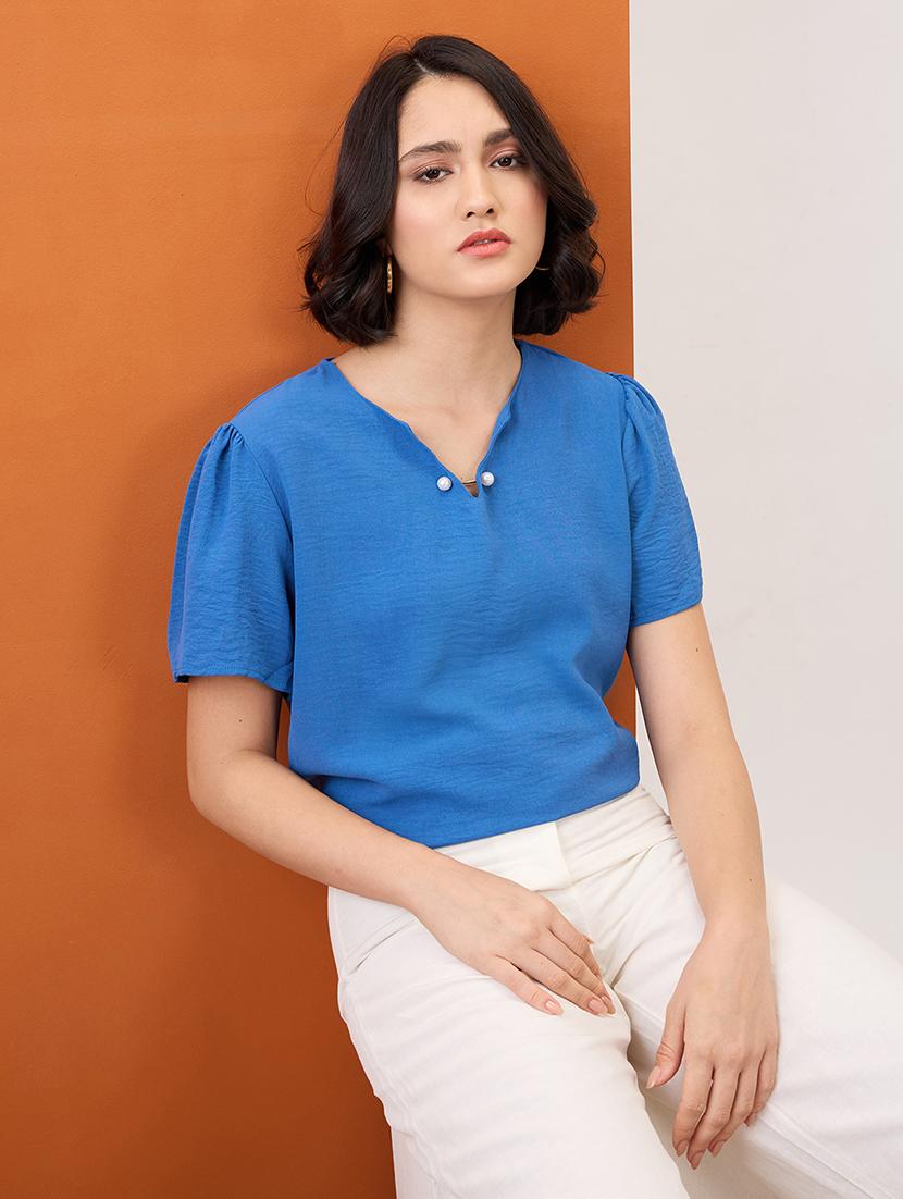globus women blue notch neck puff sleeves solid pearl detail top - 21955878 -  Zoom Image - 0