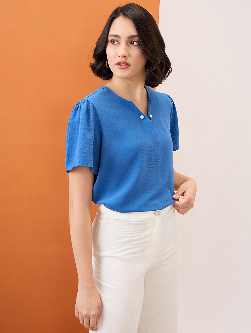 globus women blue notch neck puff sleeves solid pearl detail top - 21955878 - Standard Image - 1
