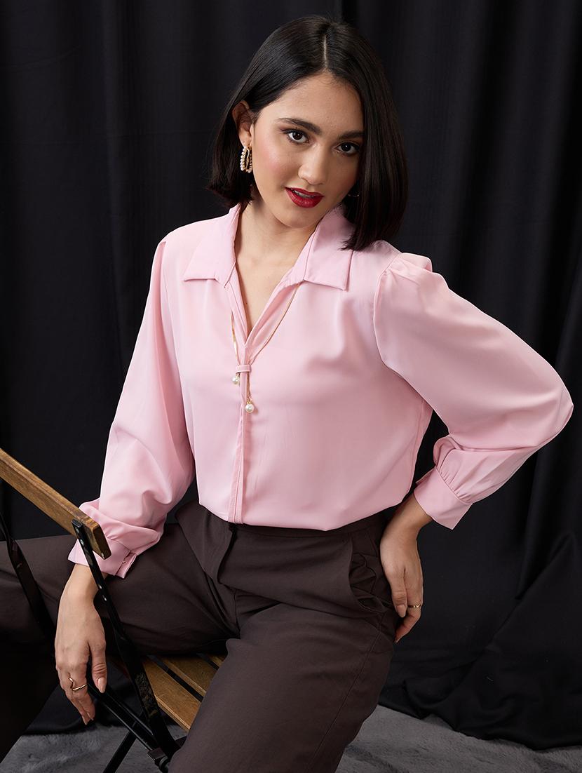 globus women pink collared neck cuffed sleeves chain & pearl detail shirt style workwear top - 21955881 - Zoom Image - 0