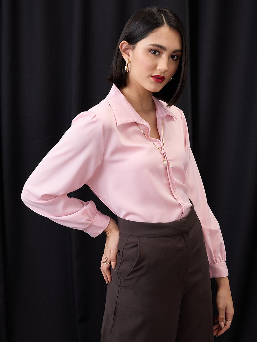 globus women pink collared neck cuffed sleeves chain & pearl detail shirt style workwear top - 21955881 -  Standard Image - 1