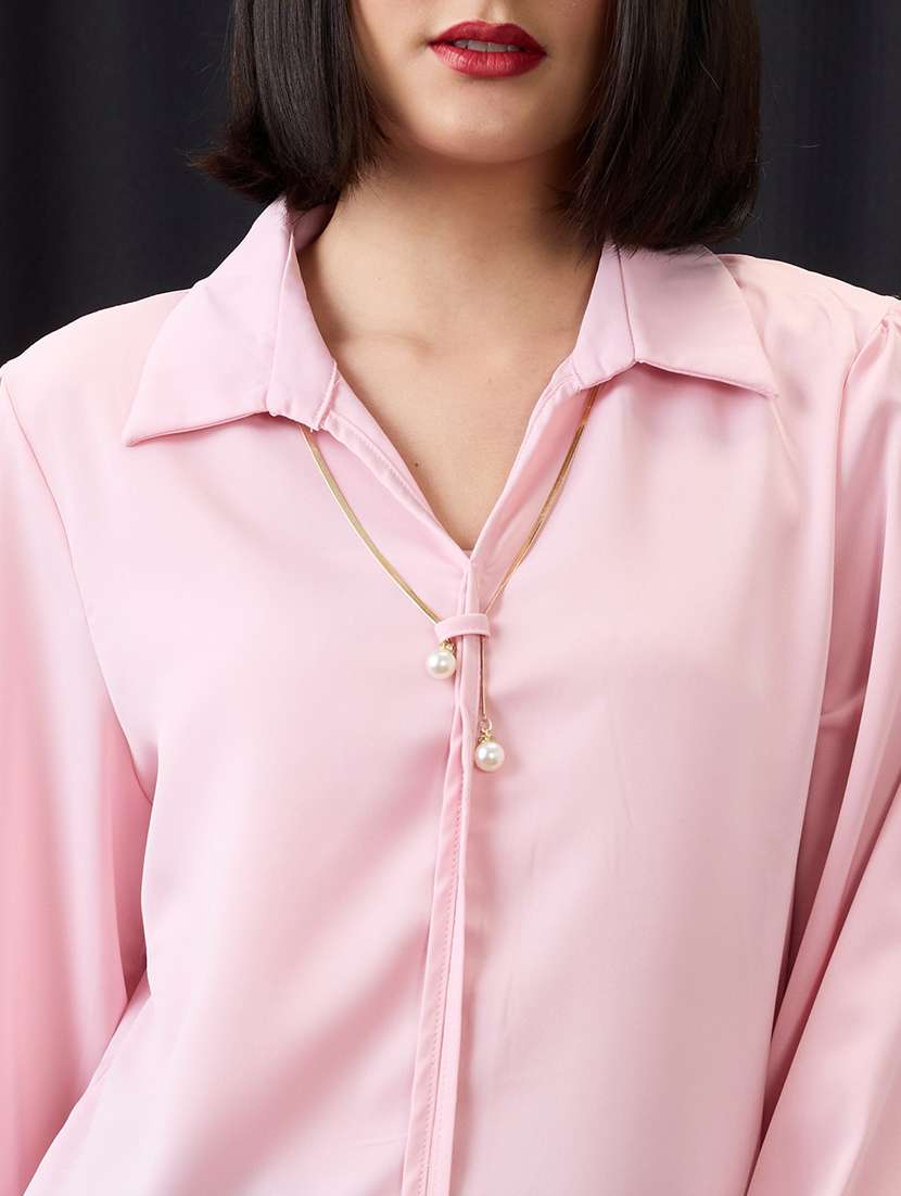 globus women pink collared neck cuffed sleeves chain & pearl detail shirt style workwear top - 21955881 -  Standard Image - 1