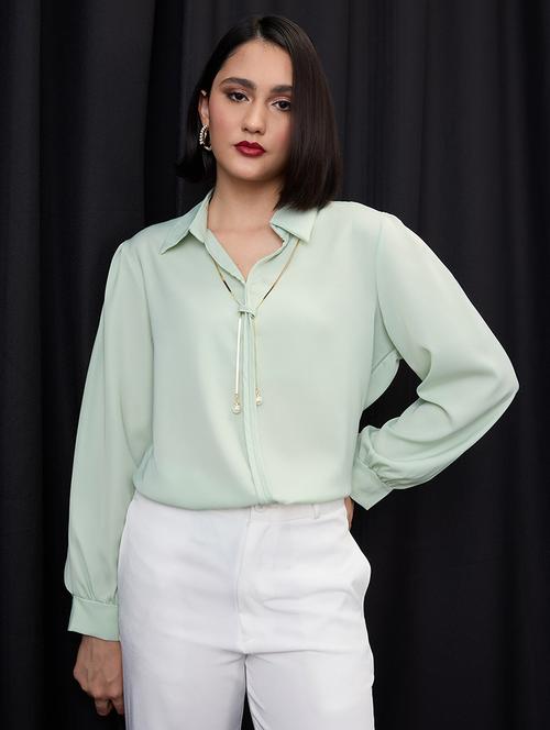 globus women green collared neck cuffed sleeves chain & pearl detail shirt style workwear top - 21955882 - Standard Image - 0