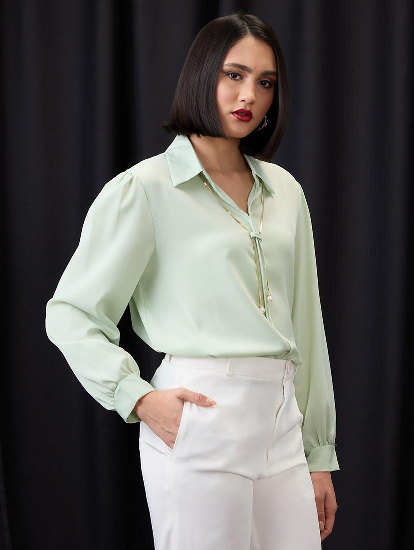 globus women green collared neck cuffed sleeves chain & pearl detail shirt style workwear top - 21955882 - Standard Image - 1