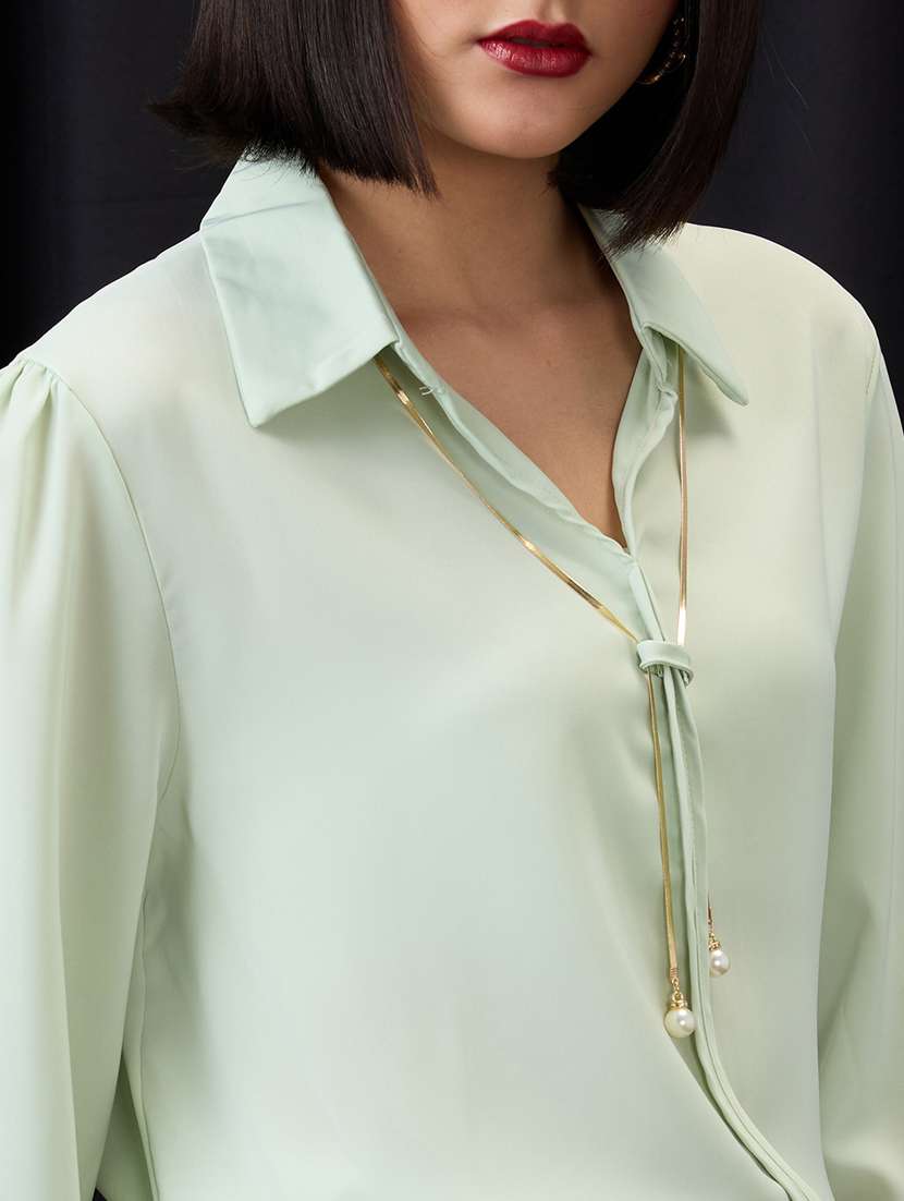 globus women green collared neck cuffed sleeves chain & pearl detail shirt style workwear top - 21955882 -  Standard Image - 1