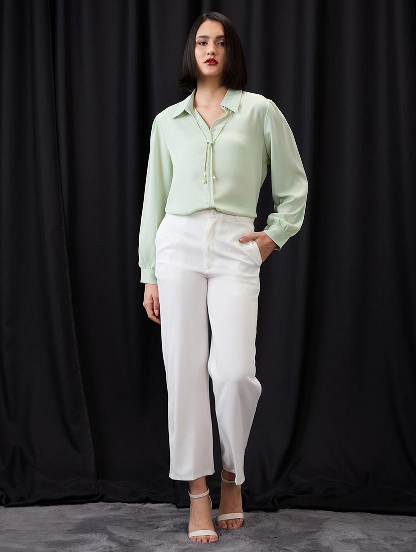 globus women green collared neck cuffed sleeves chain & pearl detail shirt style workwear top - 21955882 - Standard Image - 4