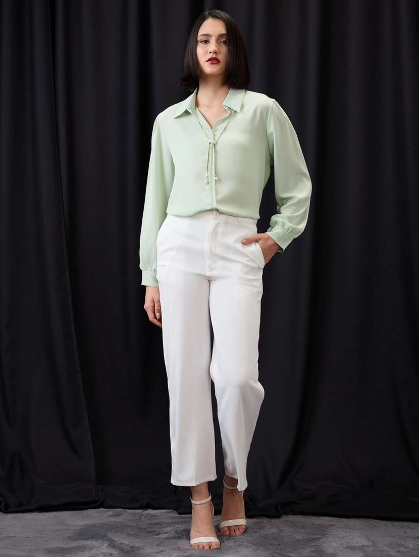 globus women green collared neck cuffed sleeves chain & pearl detail shirt style workwear top - 21955882 -  Standard Image - 4