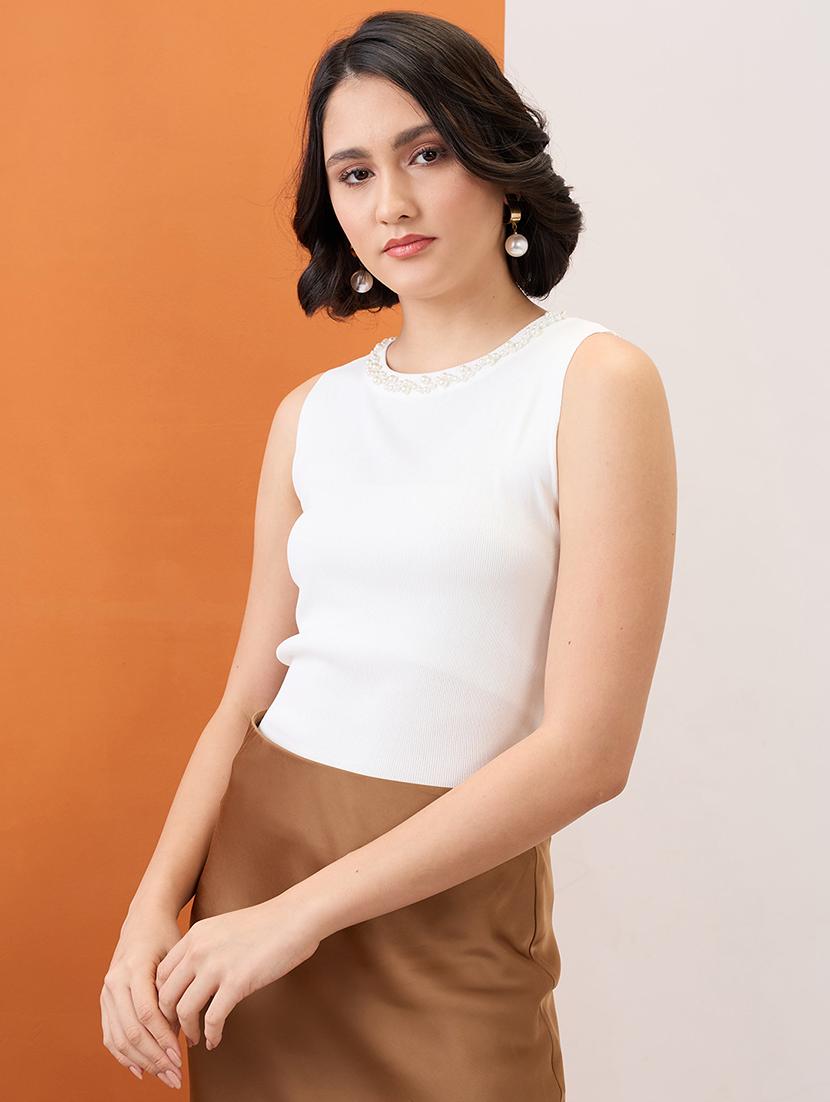 women black globus women white pearl jewel neck ribbed tank top sleeveless tank top - 21955884 -  Zoom Image - 0