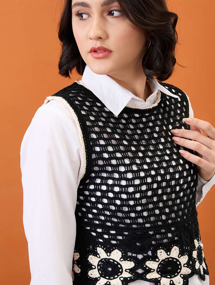 globus women black round neck floral embroidered crochet crop vest top - 21955885 -  Standard Image - 1