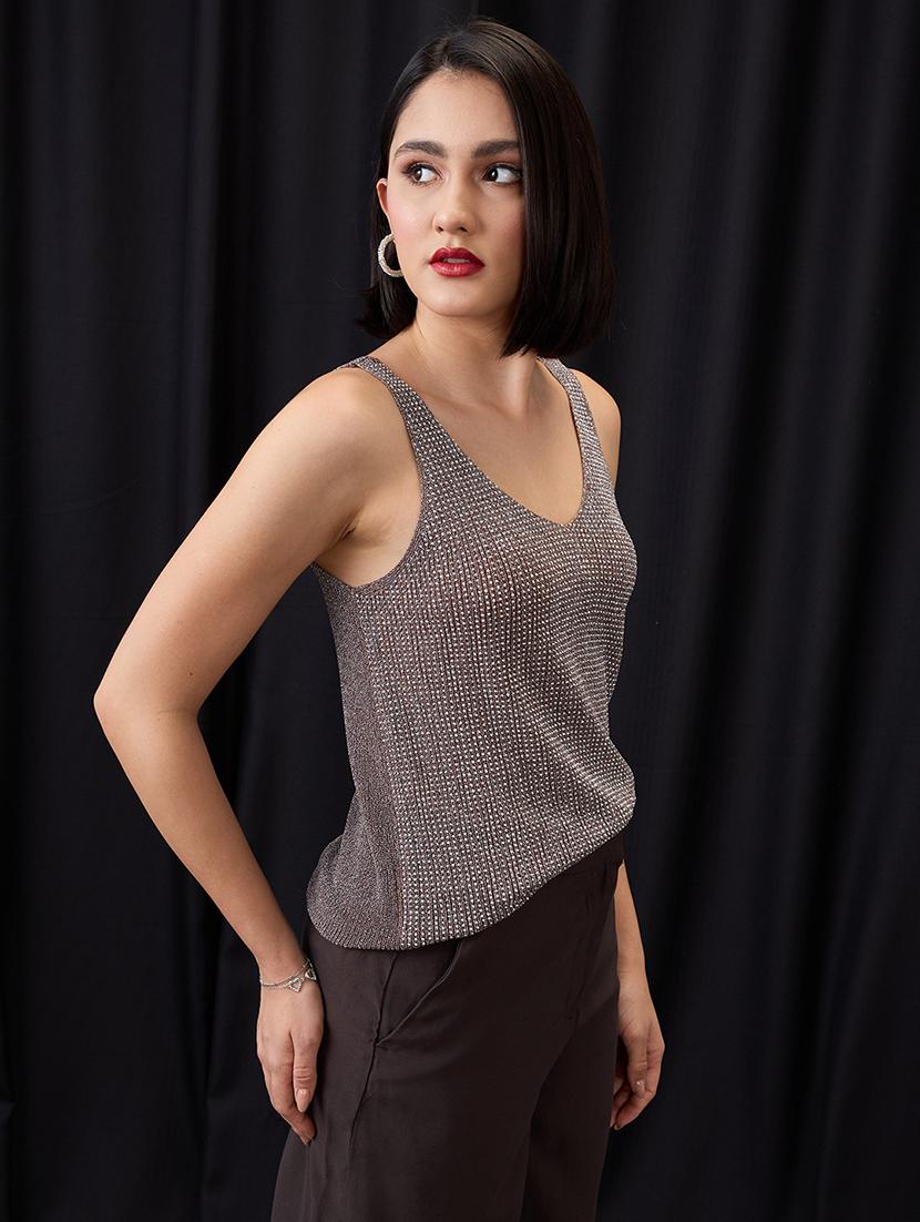 globus women beige solid rhinestone embellished v-neck party tank top - 21955888 -  Standard Image - 1