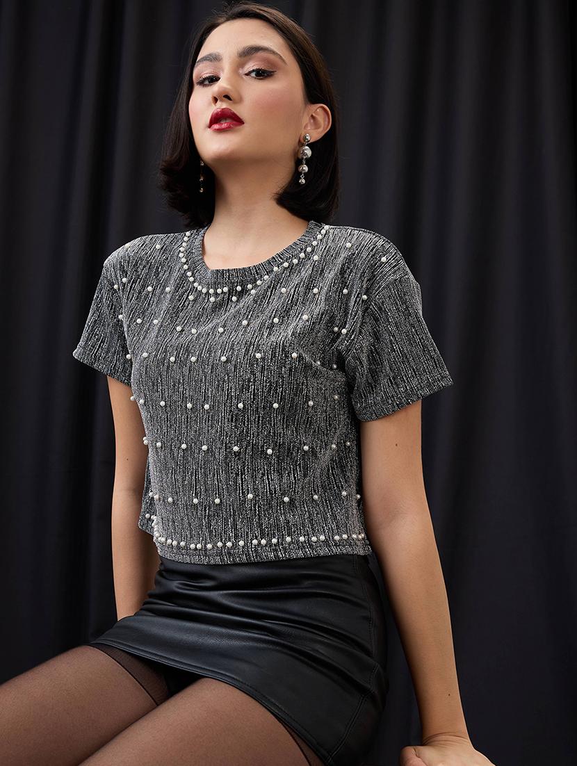 globus women grey round neck pearl embellished detail lurex party crop top - 21955889 -  Zoom Image - 0