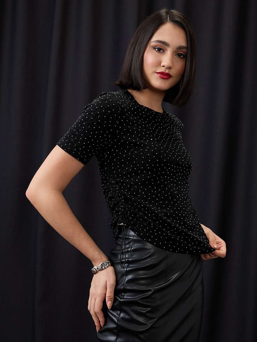 globus women black crew neck rhinestone embellished detail waist tie-up party top - 21955891 -  Standard Image - 1