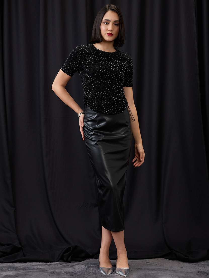 globus women black crew neck rhinestone embellished detail waist tie-up party top - 21955891 -  Standard Image - 4