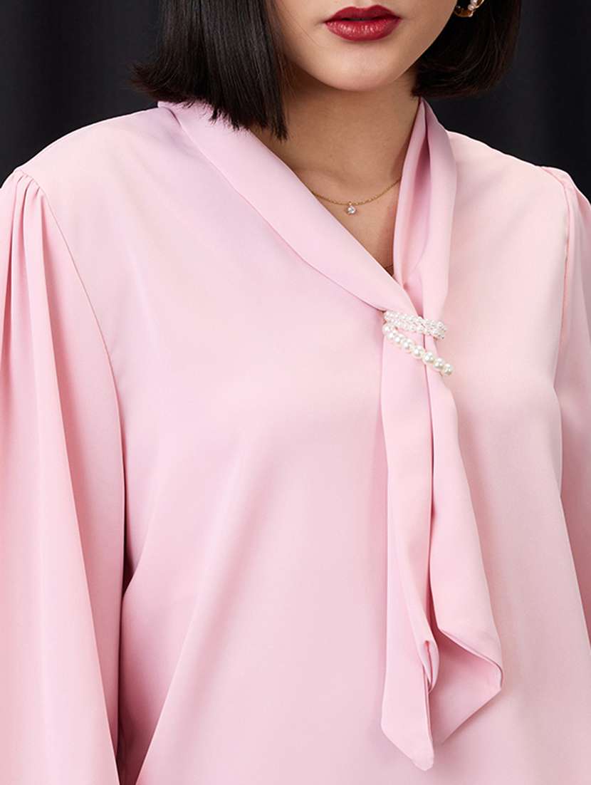 globus women pink tie-up neck cuff sleeves workwear top - 21955893 -  Standard Image - 1