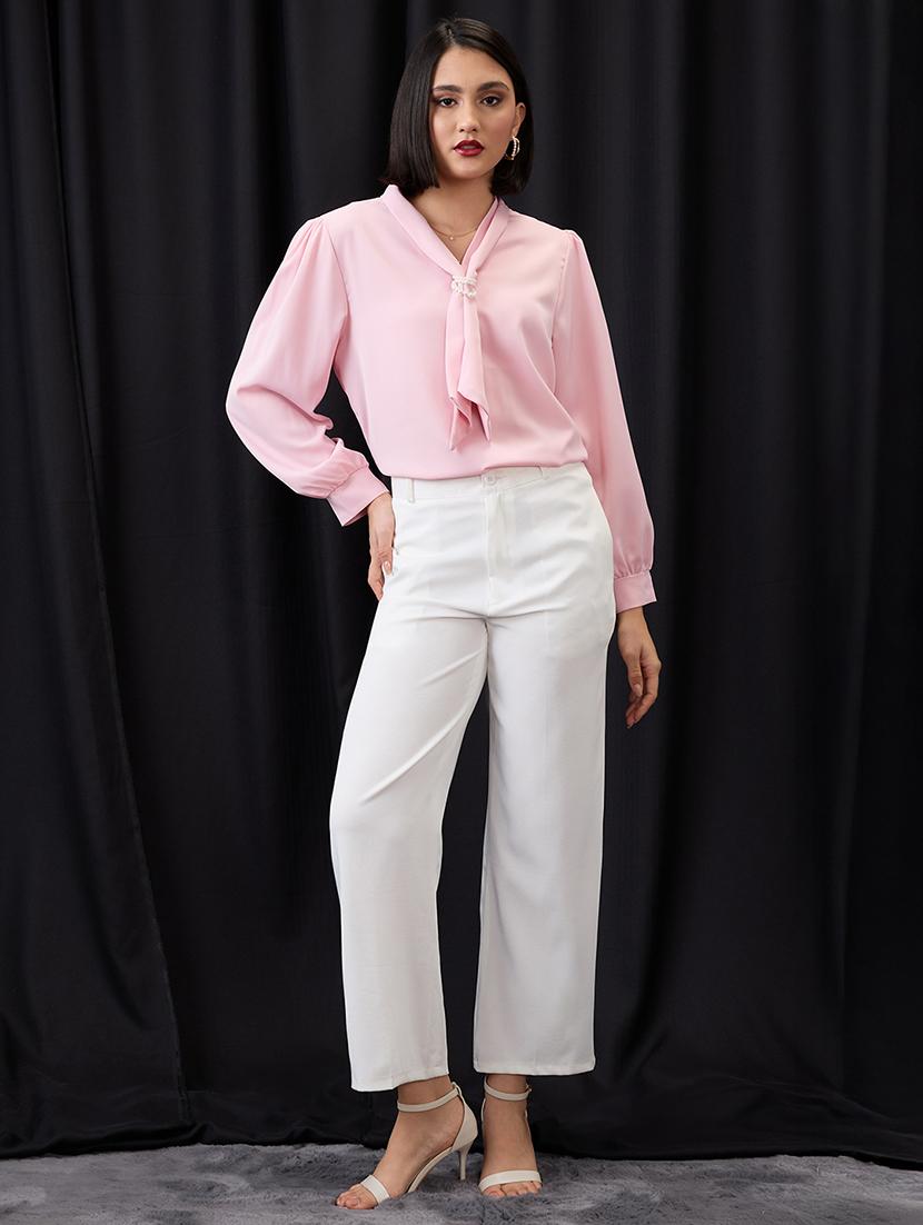 globus women pink tie-up neck cuff sleeves workwear top - 21955893 - Standard Image - 4