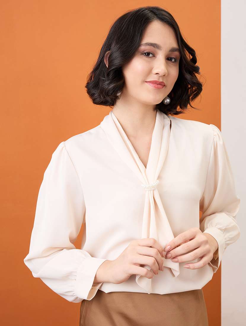 globus women beige tie-up neck cuff sleeves workwear top