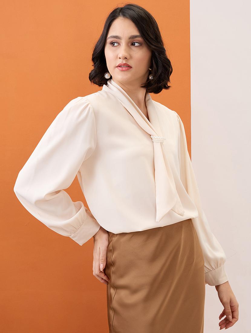 globus women beige tie-up neck cuff sleeves workwear top - 21955894 - Standard Image - 1