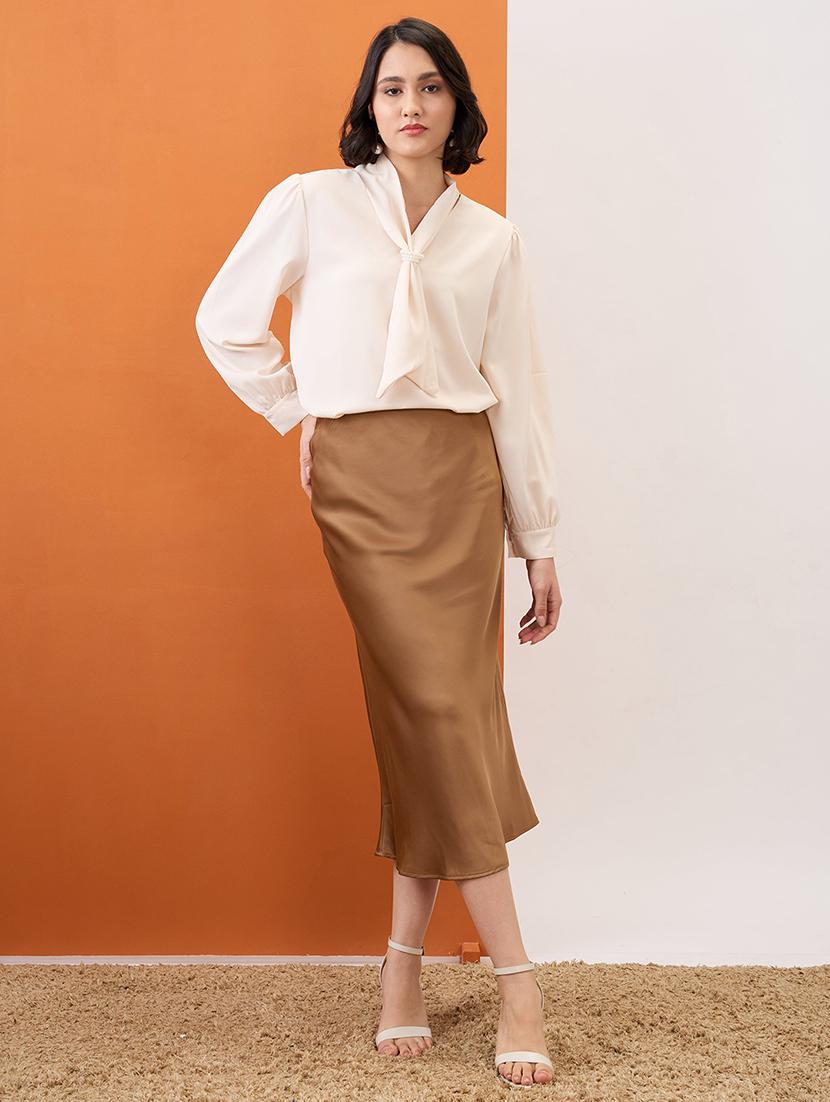 globus women beige tie-up neck cuff sleeves workwear top - 21955894 - Standard Image - 4