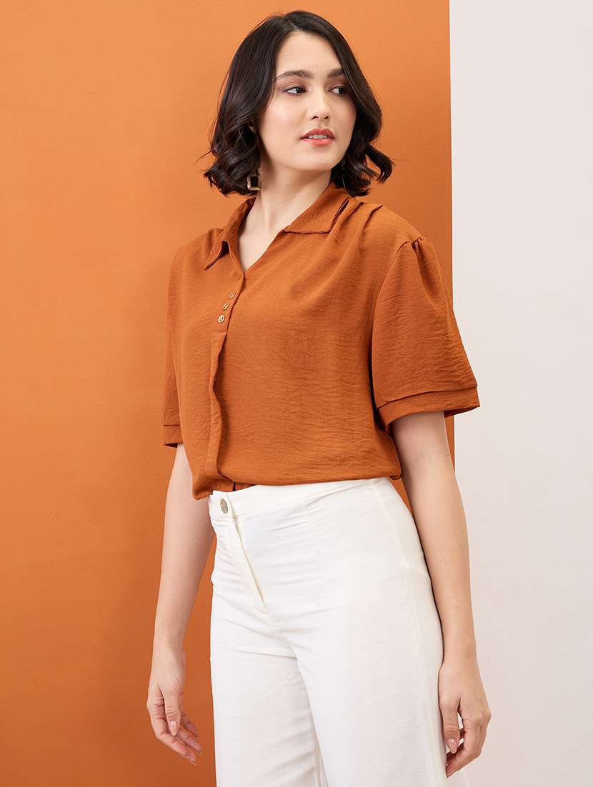 globus women brown collared neck drop-shoulder sleeves shirt style workwear top - 21955895 -  Standard Image - 1