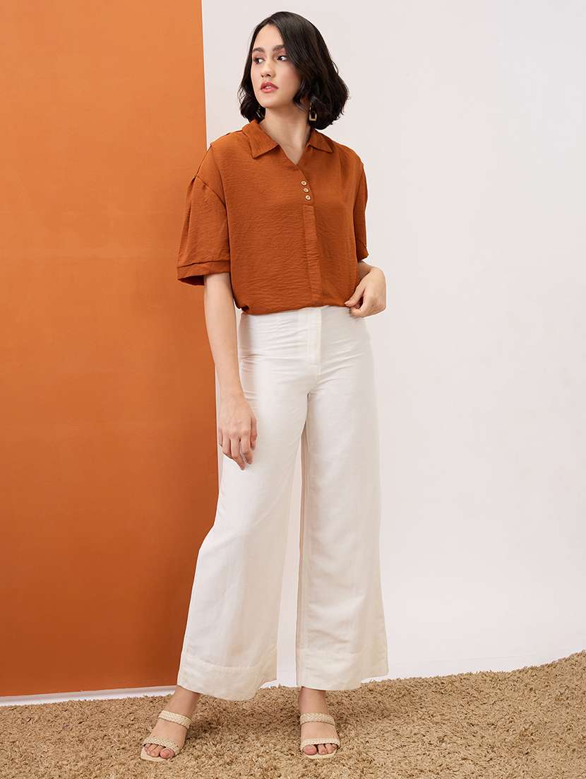 globus women brown collared neck drop-shoulder sleeves shirt style workwear top - 21955895 -  Standard Image - 4