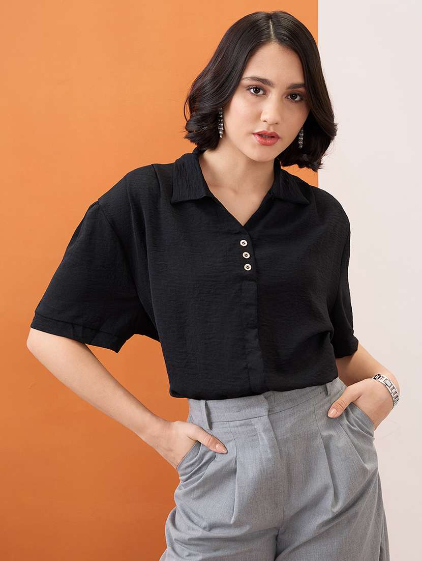globus women black collared neck drop-shoulder sleeves shirt style workwear top