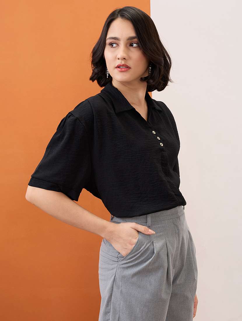 globus women black collared neck drop-shoulder sleeves shirt style workwear top - 21955896 -  Standard Image - 1