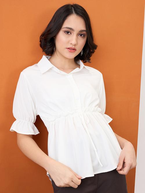globus women white shirt collar puff sleeves solid waist tie-up workwear peplum top - 21955898 - Standard Image - 0