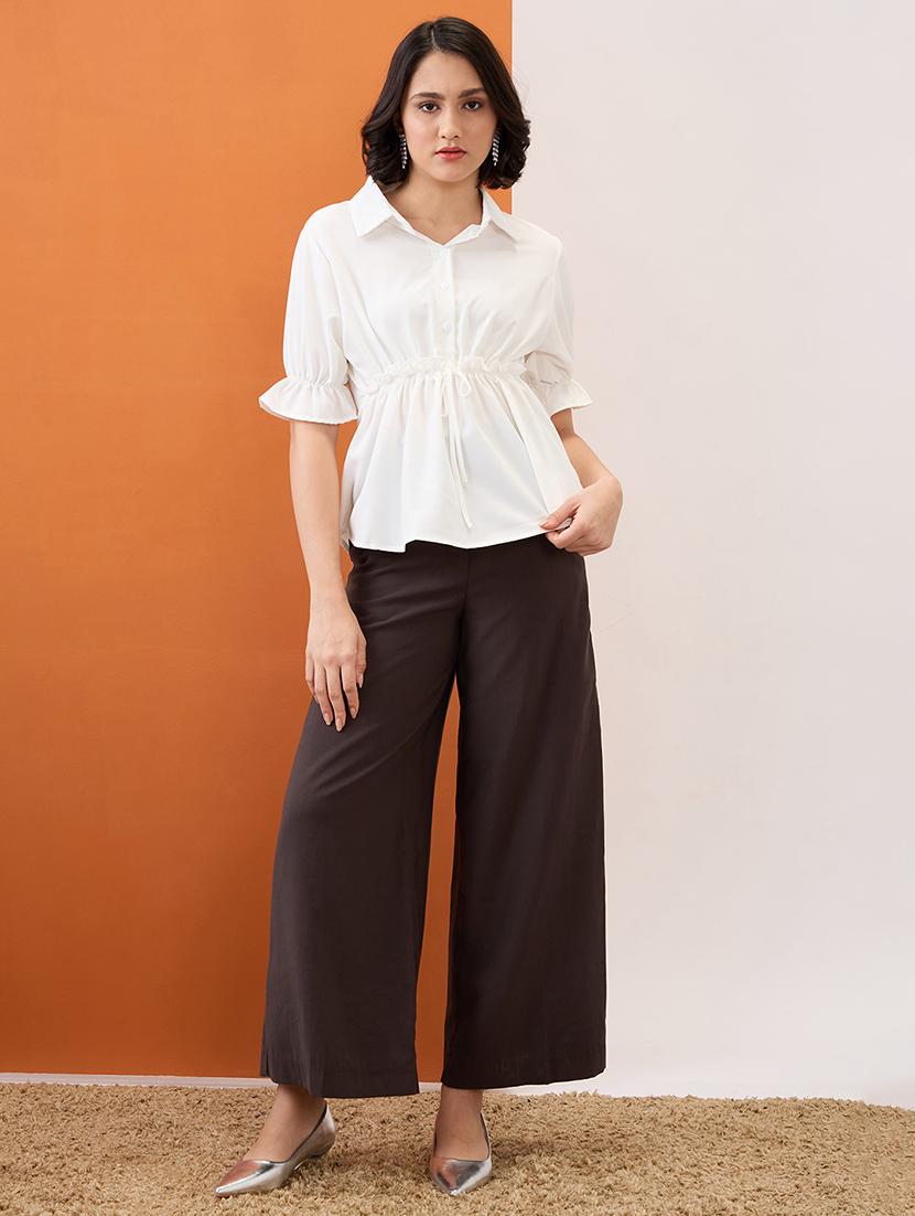 globus women white shirt collar puff sleeves solid waist tie-up workwear peplum top - 21955898 - Standard Image - 4