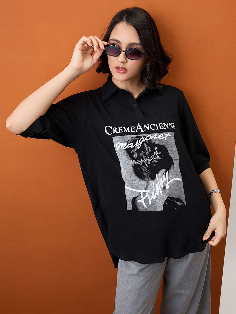globus women black collared neck graphic print high low hem oversized shirt style top