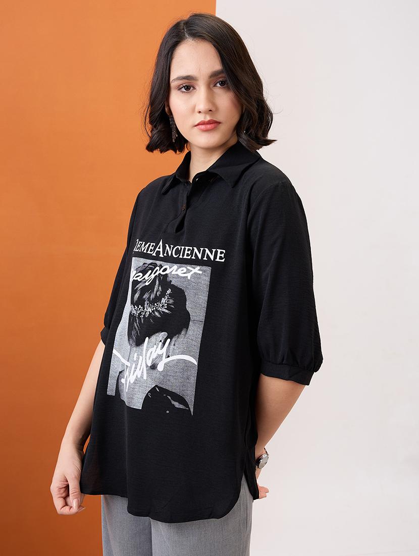 globus women black collared neck graphic print high low hem oversized shirt style top - 21955899 -  Standard Image - 1