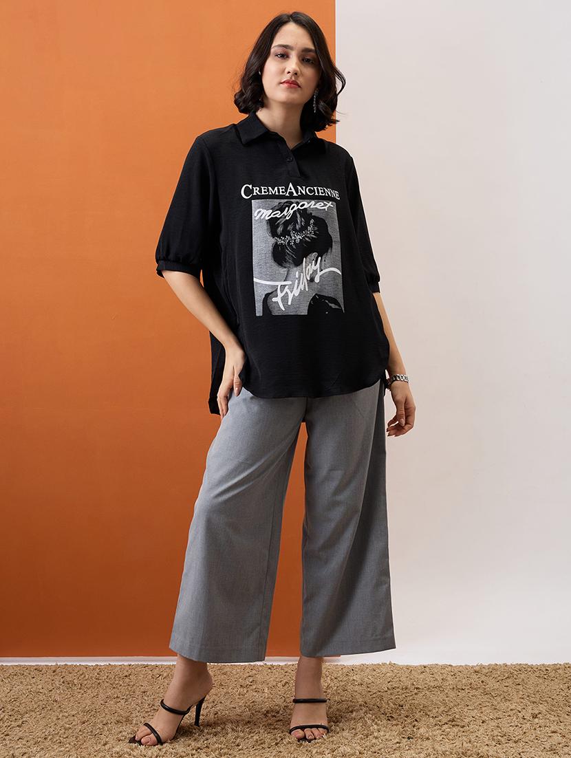 globus women black collared neck graphic print high low hem oversized shirt style top - 21955899 - Standard Image - 4
