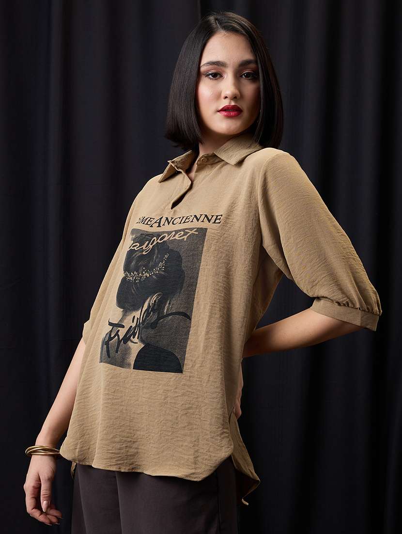 globus women brown collared neck graphic print high low hem oversized shirt style top - 21955900 -  Standard Image - 1