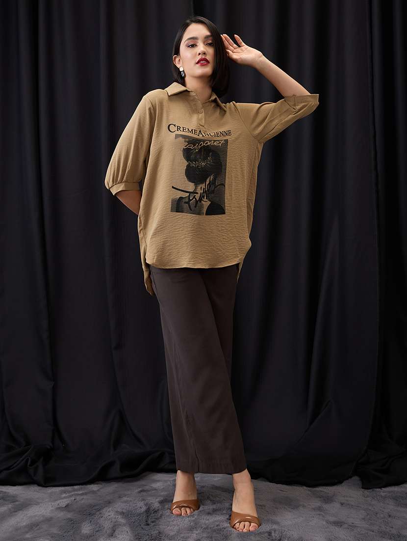 globus women brown collared neck graphic print high low hem oversized shirt style top - 21955900 -  Standard Image - 4