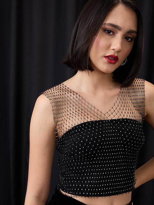 globus women black rhinestone embellished v-neck sheer party crop top - 21955902 - Standard Image - 0