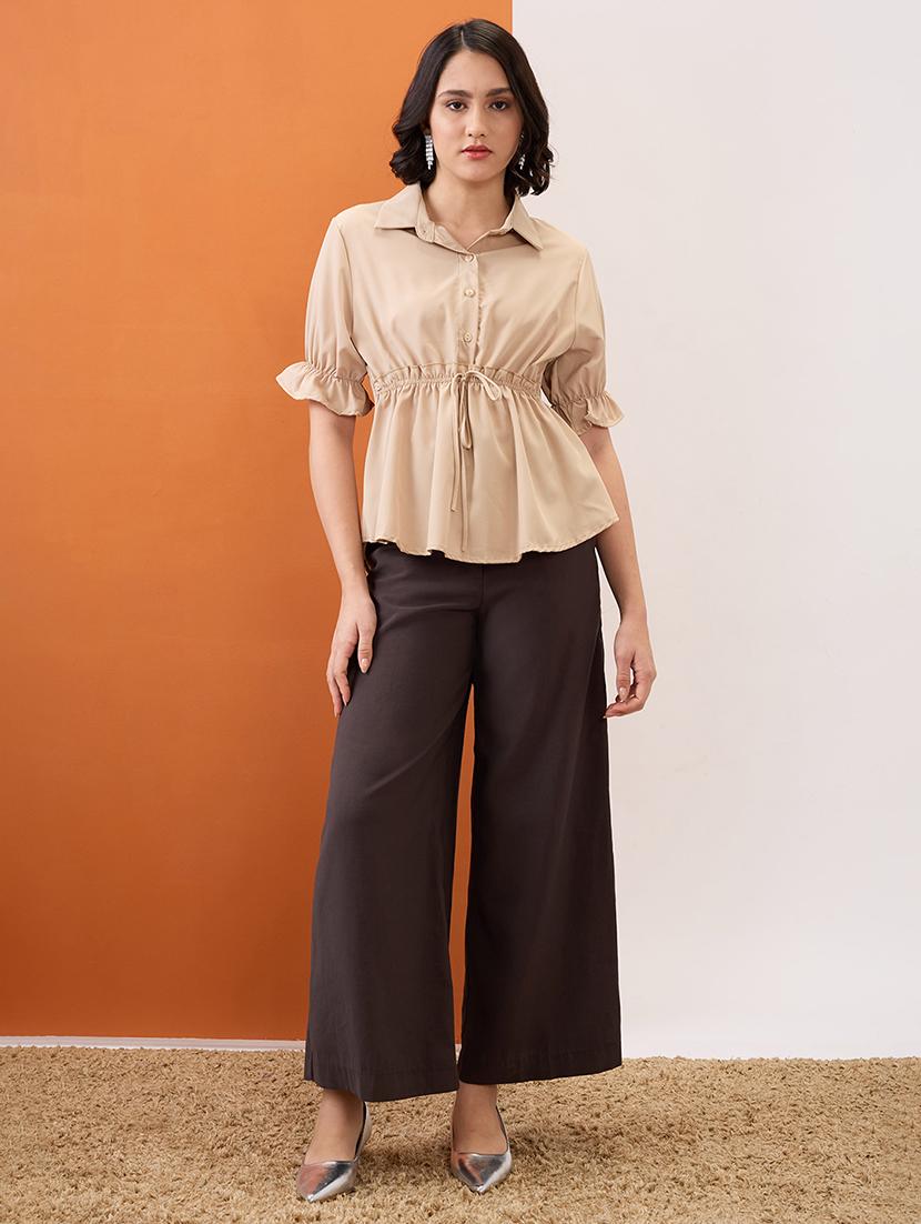 globus women camel brown shirt collar puff sleeves solid waist tie-up workwear peplum top - 21955903 - Standard Image - 4
