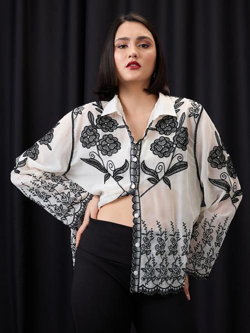 globus women black & white floral embroidered collared neck bell sleeves scalloped hem shirt - 21955906 -  Standard Image - 0