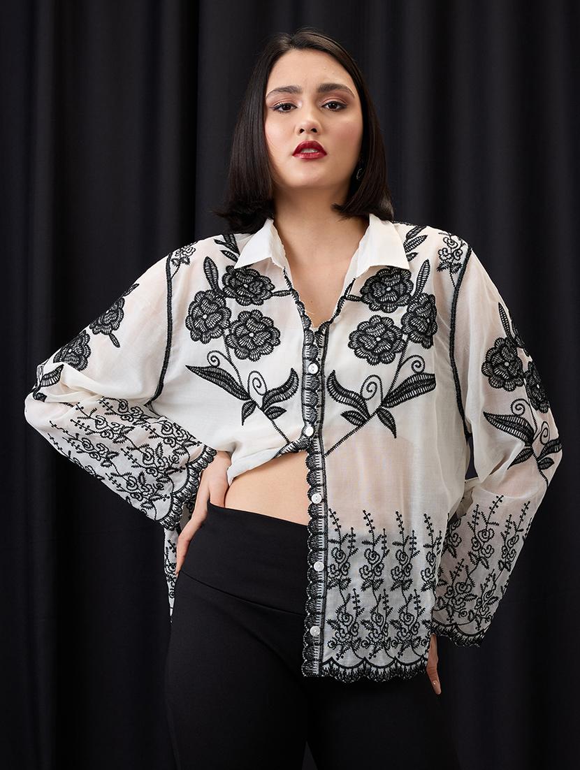 globus women black & white floral embroidered collared neck bell sleeves scalloped hem shirt - 21955906 -  Zoom Image - 0