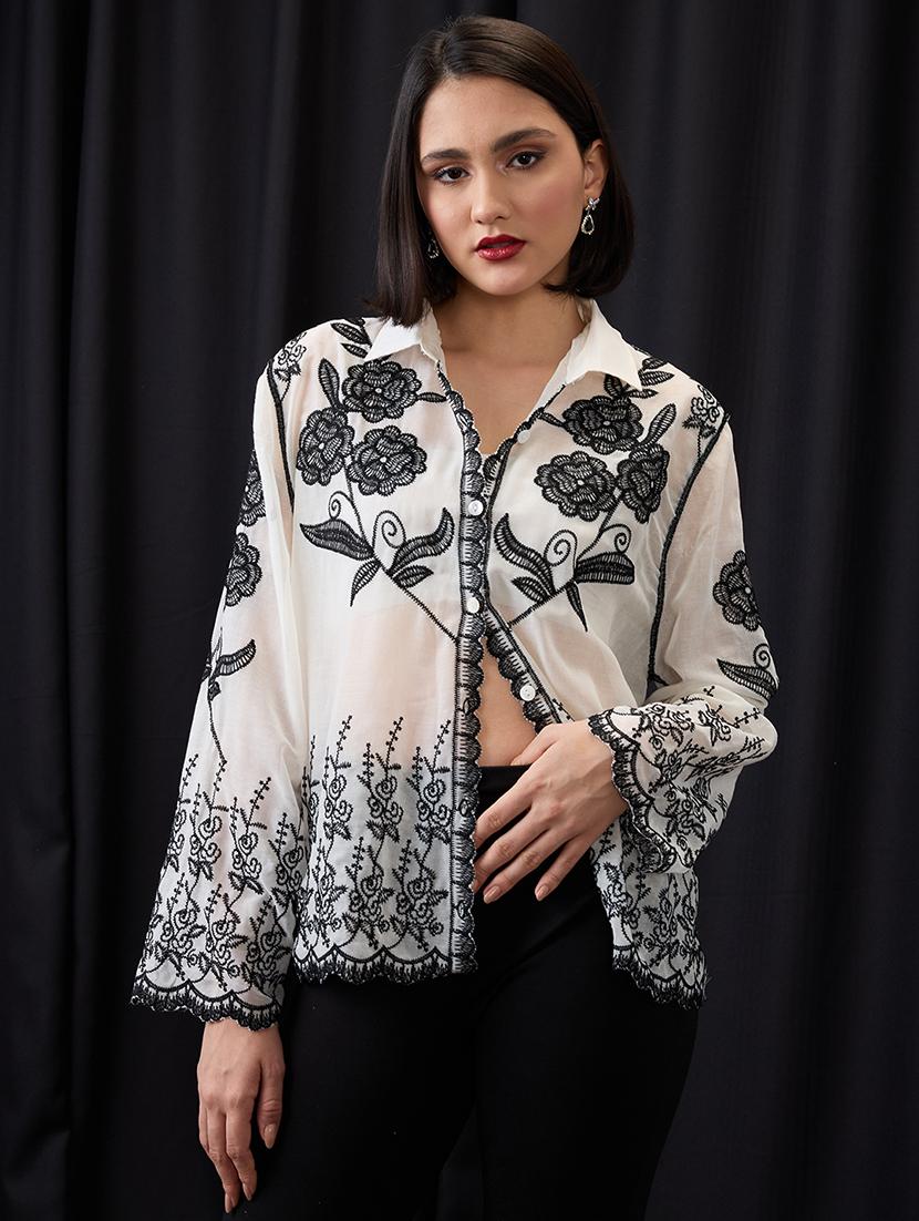 globus women black & white floral embroidered collared neck bell sleeves scalloped hem shirt - 21955906 -  Standard Image - 1