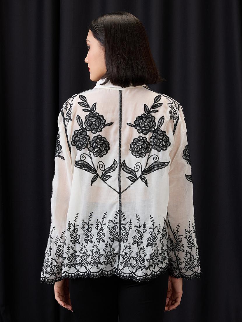 globus women black & white floral embroidered collared neck bell sleeves scalloped hem shirt - 21955906 - Standard Image - 4