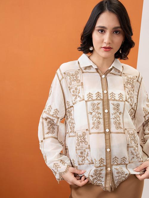 globus women beige floral embroidered collared neck bell sleeves scalloped hem shirt - 21955907 - Standard Image - 0