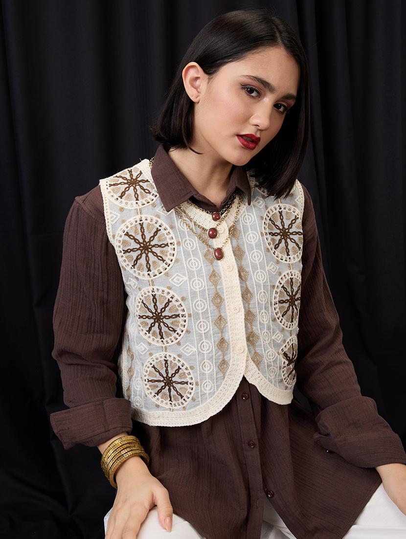 globus women beige v-neck indie pattern self design crochet fusion waistcoat - 21955908 - Zoom Image - 0