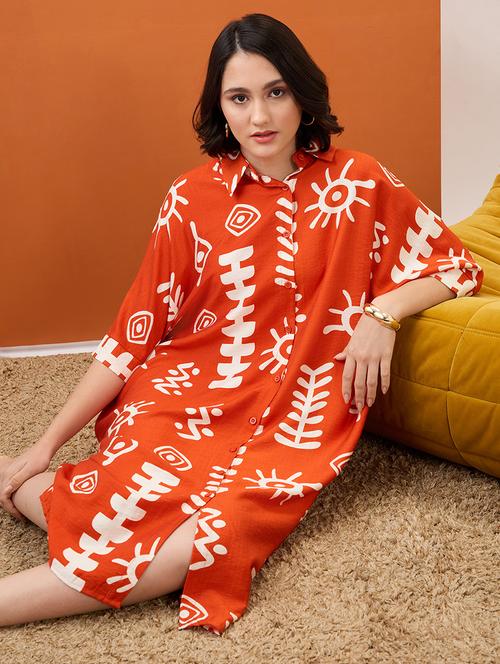 globus women rust tribal print collared neck batwing sleeves straight hem oversized fusion midi shirt dress - 21955909 -  Standard Image - 0