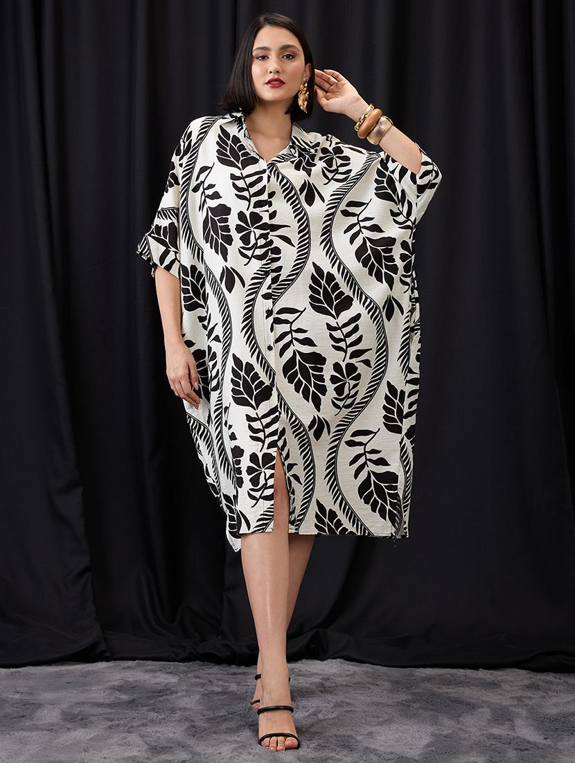 globus women white tropical print collared neck batwing sleeves straight hem oversized fusion midi shirt dress - 21955910 - Zoom Image - 0