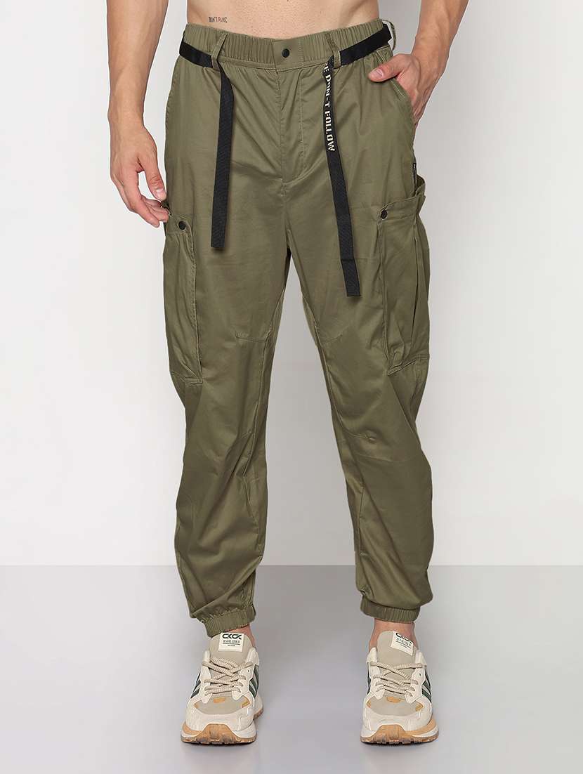 men olive solid mid rise cargo - 21955937 -  Standard Image - 1