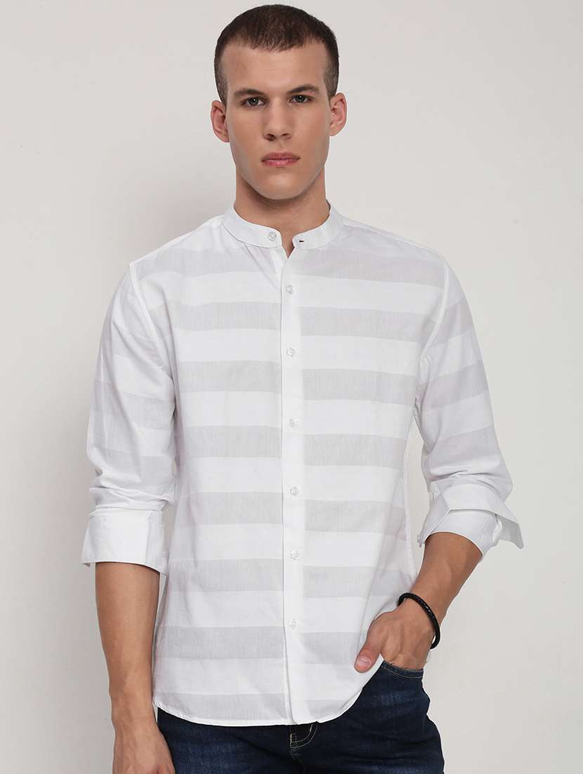 men striped mandarin collared long sleeve shirt - 21955951 -  Standard Image - 1
