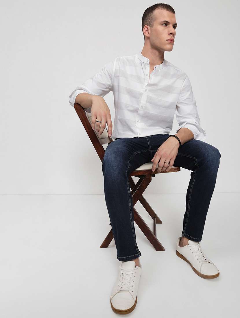 men striped mandarin collared long sleeve shirt - 21955951 -  Standard Image - 6