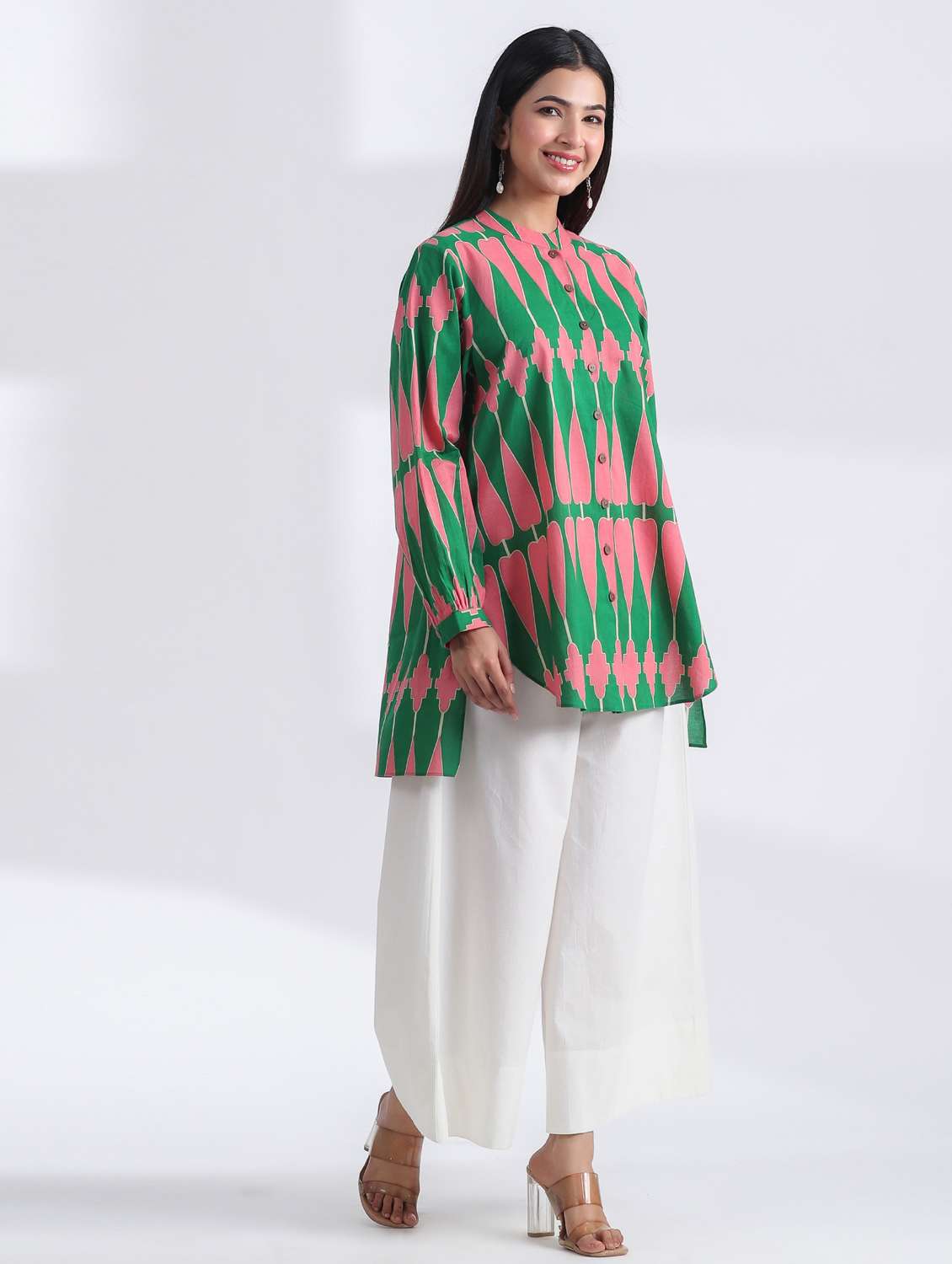 women printed long sleeve high low ethnic top - 21956018 -  Standard Image - 1