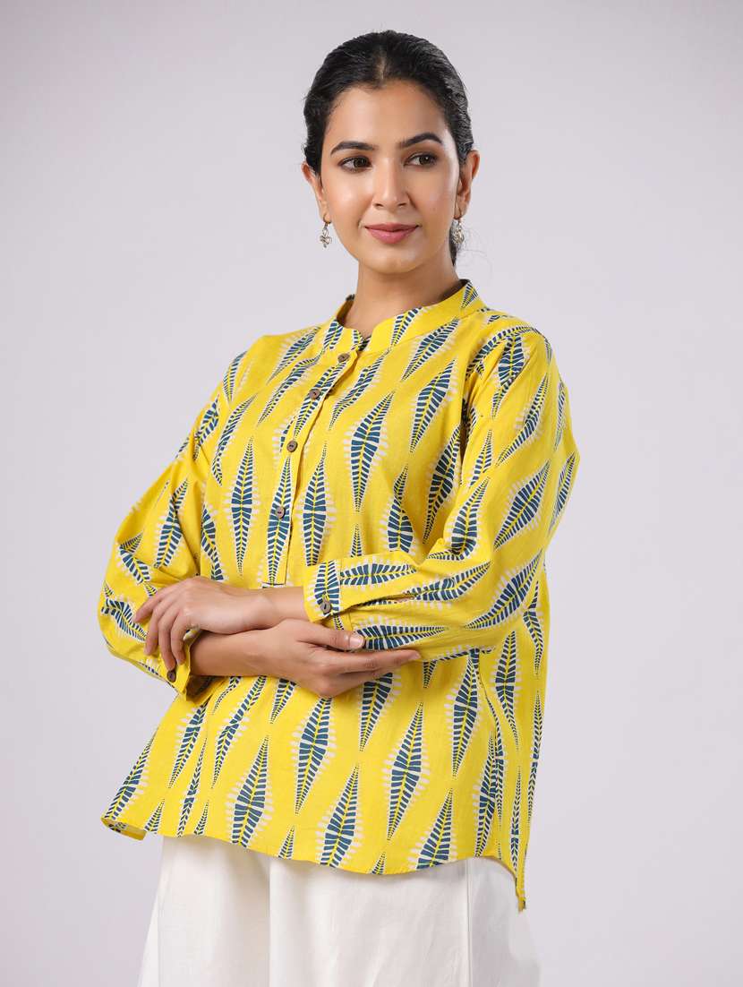 women yellow printed three quarter sleeve ethnic top - 21956026 -  Standard Image - 1