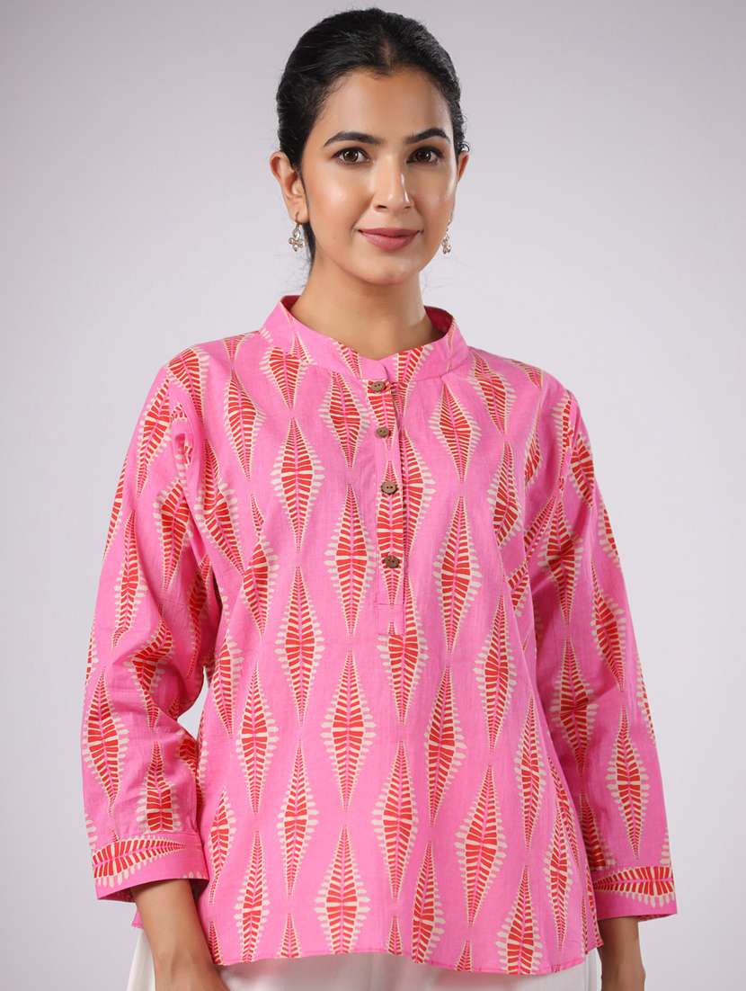 women pink printed three quarter sleeve ethnic top - 21956027 -  Standard Image - 1